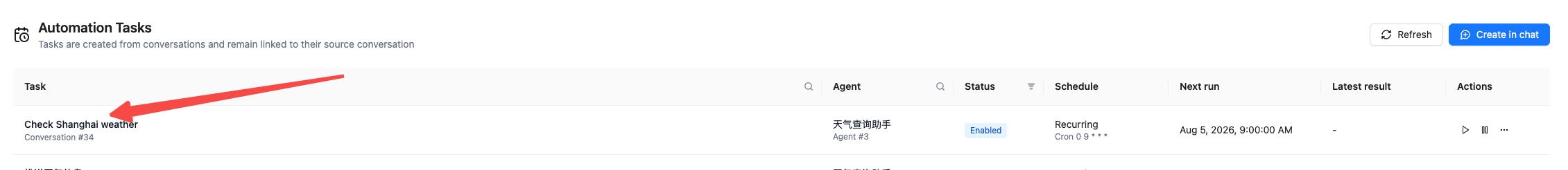 Created automation task in the task list