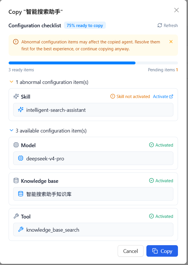 Copy configuration checklist