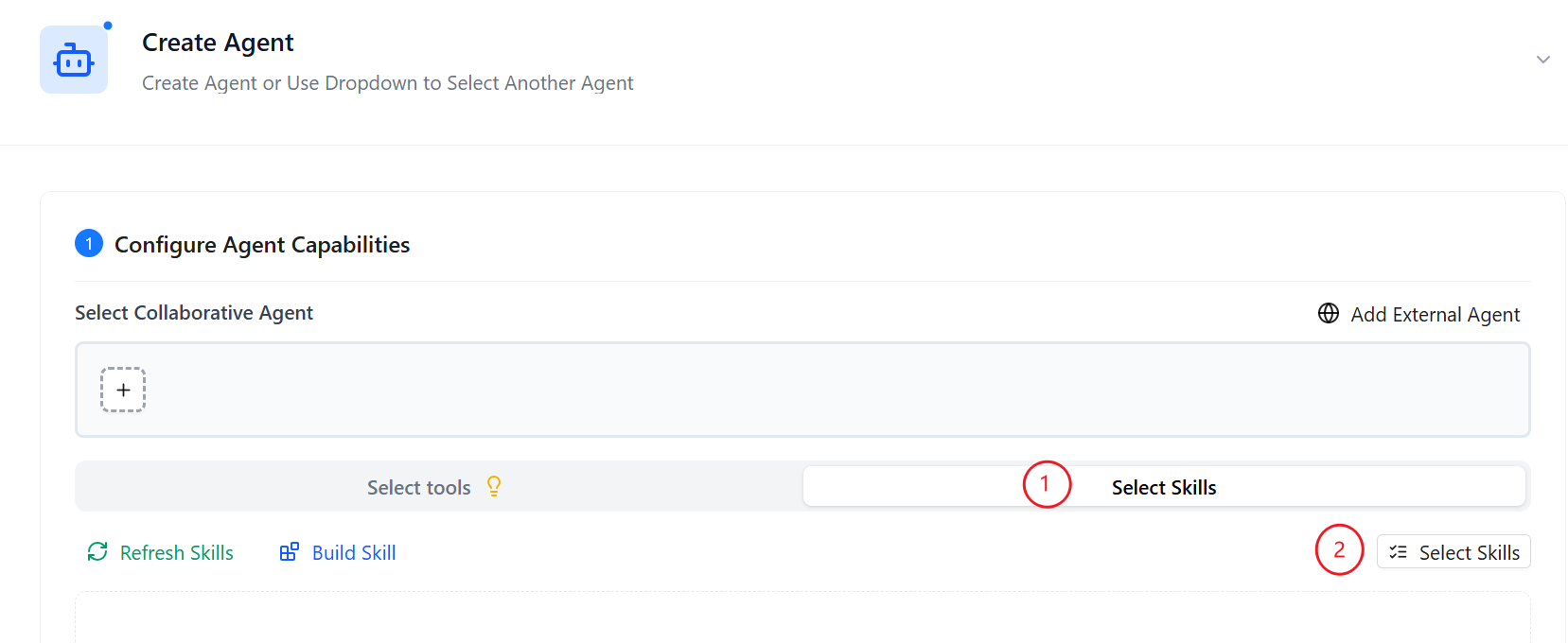 Skills tab in agent configuration
